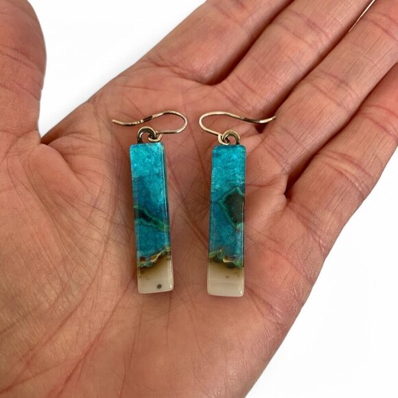 Handcrafted Phoenix Stone Rectangular Drop Earrings Blue Green Silver Hooks - Picture 6 of 14